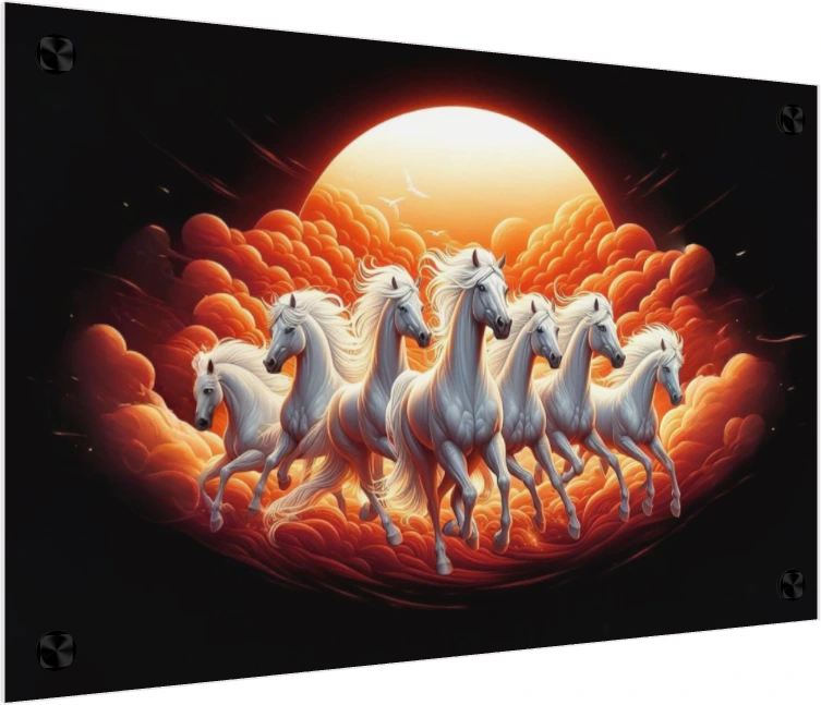 Seven majestic white horses galloping forward against a massive glowing orange sunrise and fiery red clouds. — acrylic preview | PrintPosters.in